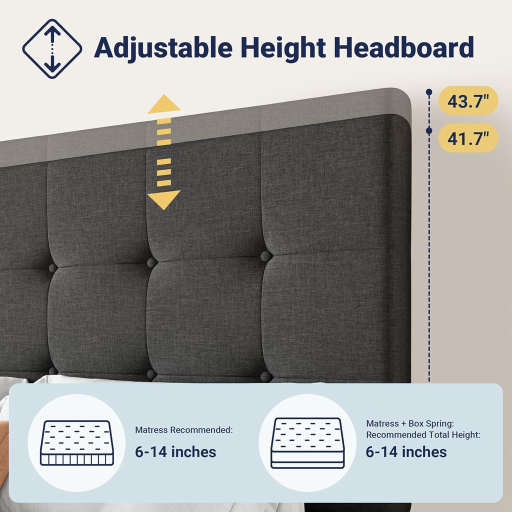 Allewie Queen Size Storage Bed Frame with 4 Underbed Drawers, Upholstered Platform Bed with Adjustable Headboard, Square Button Tufted, Easy Assembly, Noise-Free, No Box Spring Needed, Dark Grey