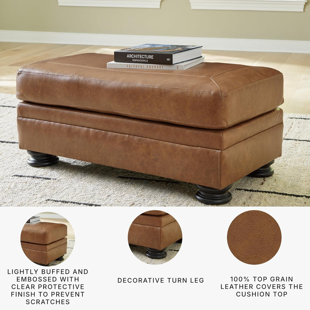 Signature Design by Ashley Carianna Rectangular Leather Ottoman, Caramel | No assembly required, Top-grain leather cushion, Faux leather sides, 19-in seat height