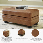 Signature Design by Ashley Carianna Rectangular Leather Ottoman, Caramel | No assembly required, Top-grain leather cushion, Faux leather sides, 19-in seat height
