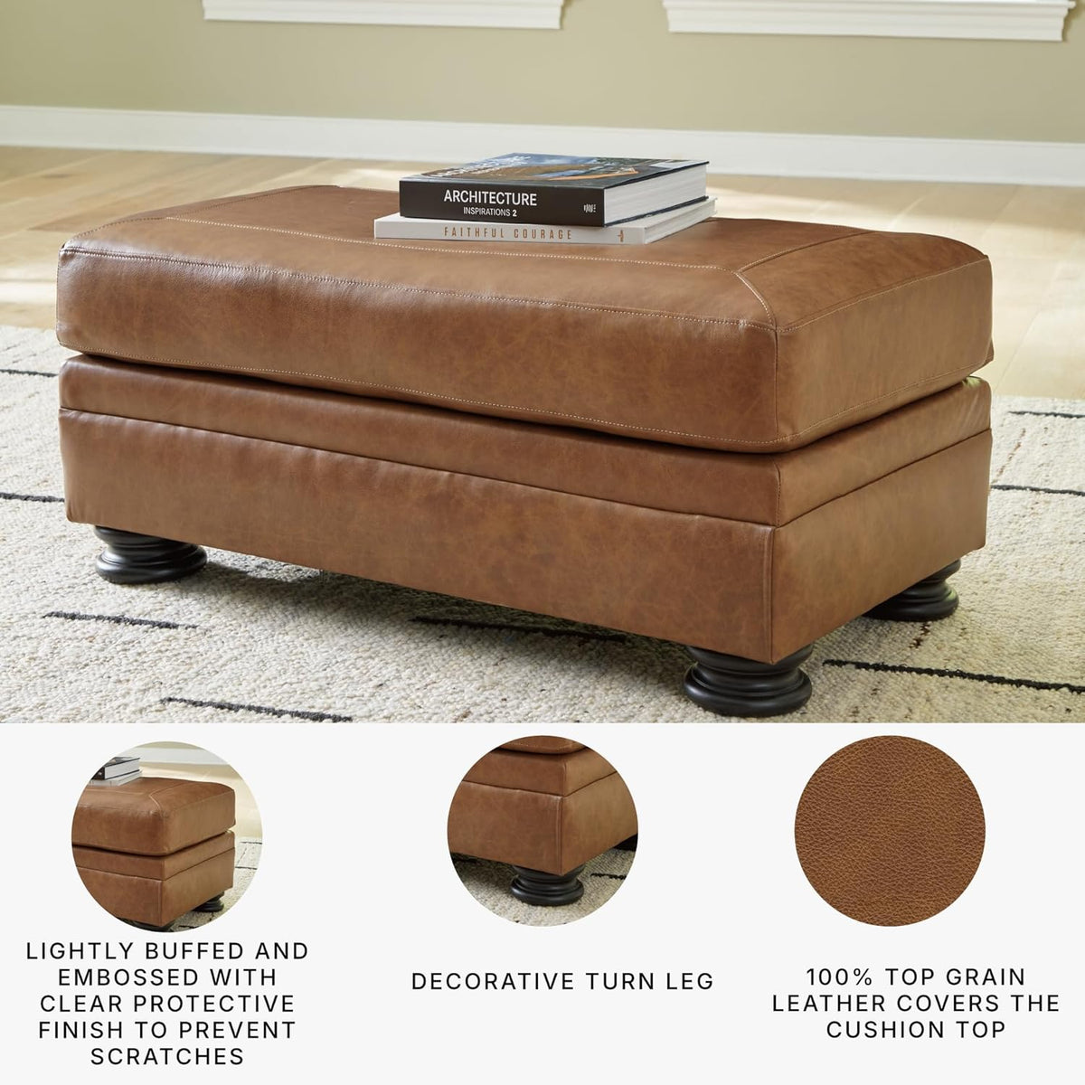 Signature Design by Ashley Carianna Rectangular Leather Ottoman, Caramel | No assembly required, Top-grain leather cushion, Faux leather sides, 19-in seat height