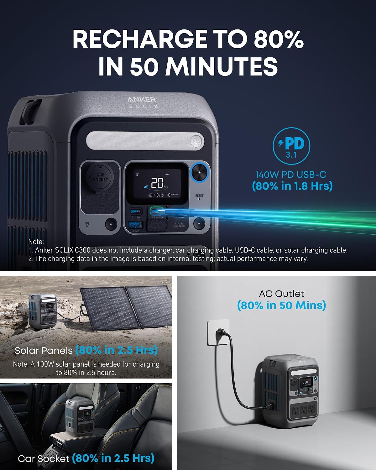 Anker SOLIX C300 Portable Power Station, 288Wh Solar Generator for Camping