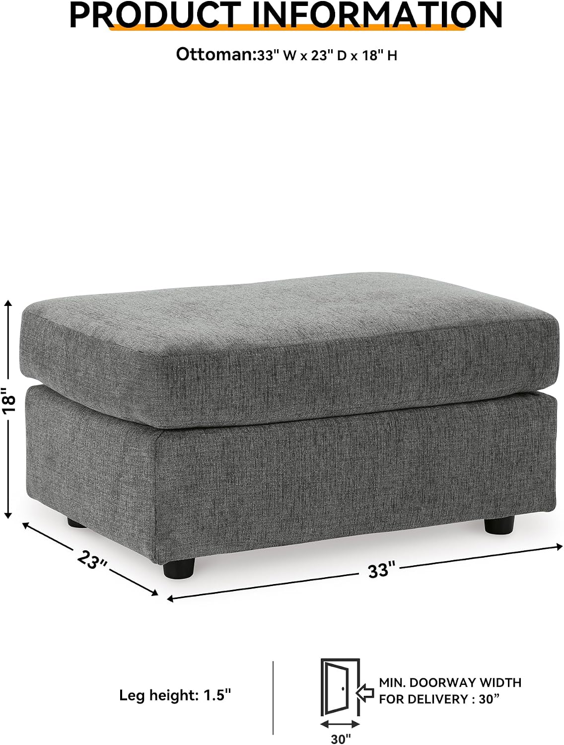 Signature Design by Ashley Stairatt Gray Rectangular Upholstered Ottoman | Plush gray chenille upholstery, Fully assembled couch extension, Sturdy 33x23 in footprint