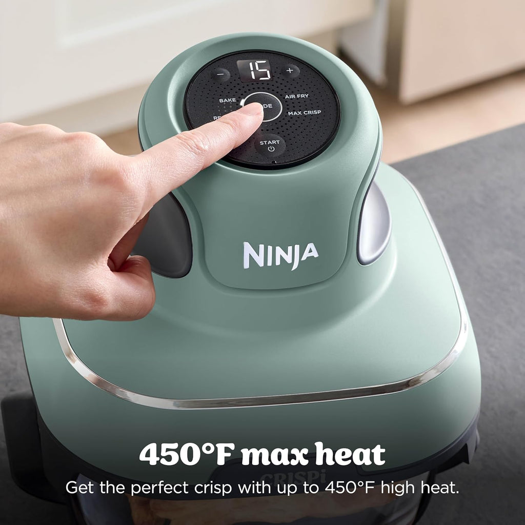 Ninja Crispi Glass Air Fryer, 4-in-1, Green, FN101SG | Max crisp, bake, air fry, recrisp, 450F max, 4 Qt and 6 Cup containers, PFAS-free glass