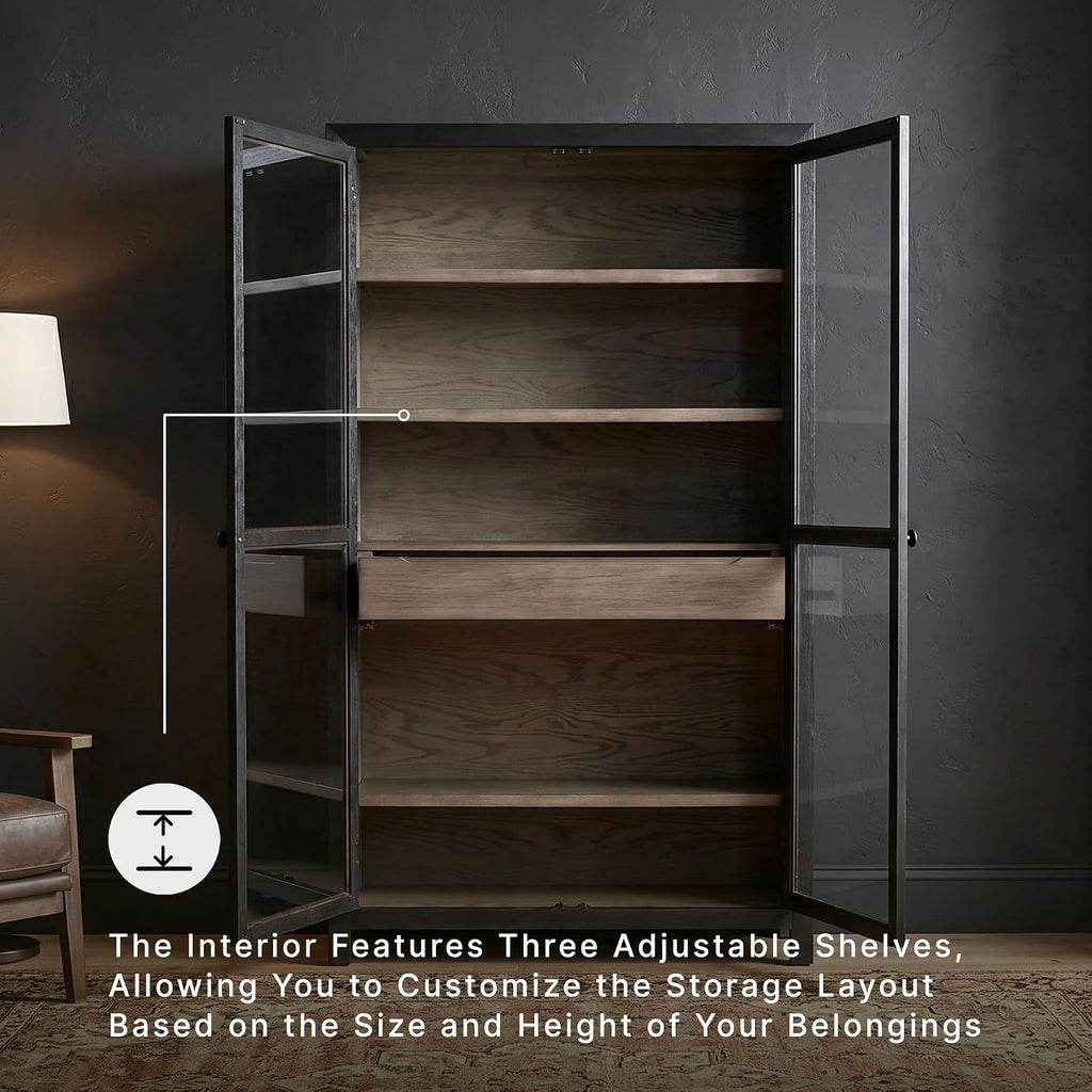 Signature Design by Ashley Lenston Black Accent Cabinet with Glass Doors | Tempered glass doors, 3 adjustable shelves, Wood oak veneer and engineered wood construction, 1 soft-close drawer
