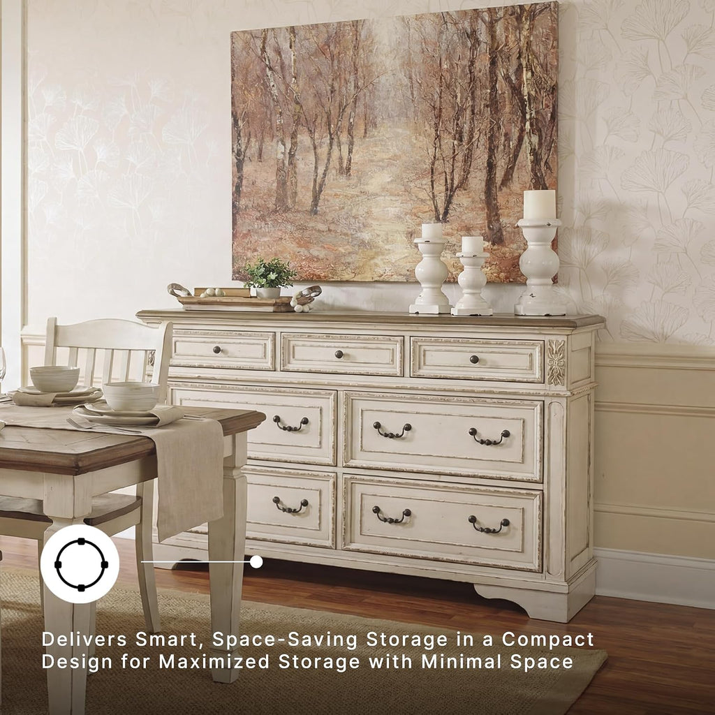 Signature Design by Ashley 7 Drawer Dresser for Bedroom, Two-Tone White | French country aesthetic with distressed wood top, Smooth-gliding dovetail joints and bronze-tone hardware, Realyn Series