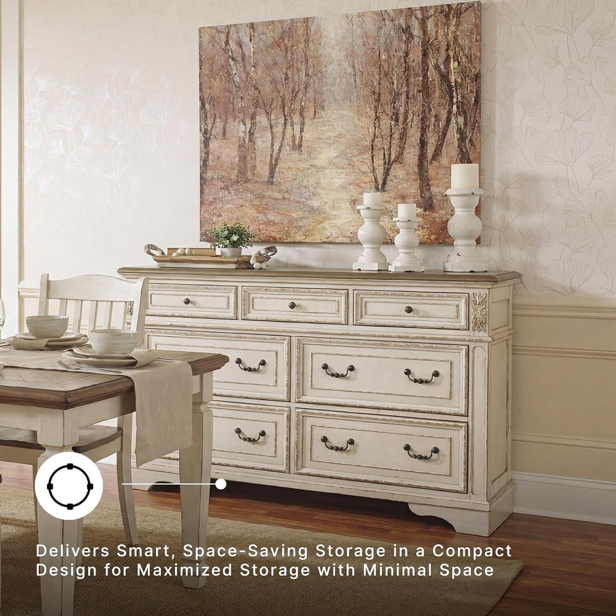 Signature Design by Ashley 7 Drawer Dresser for Bedroom, Two-Tone White | French country aesthetic with distressed wood top, Smooth-gliding dovetail joints and bronze-tone hardware, Realyn Series
