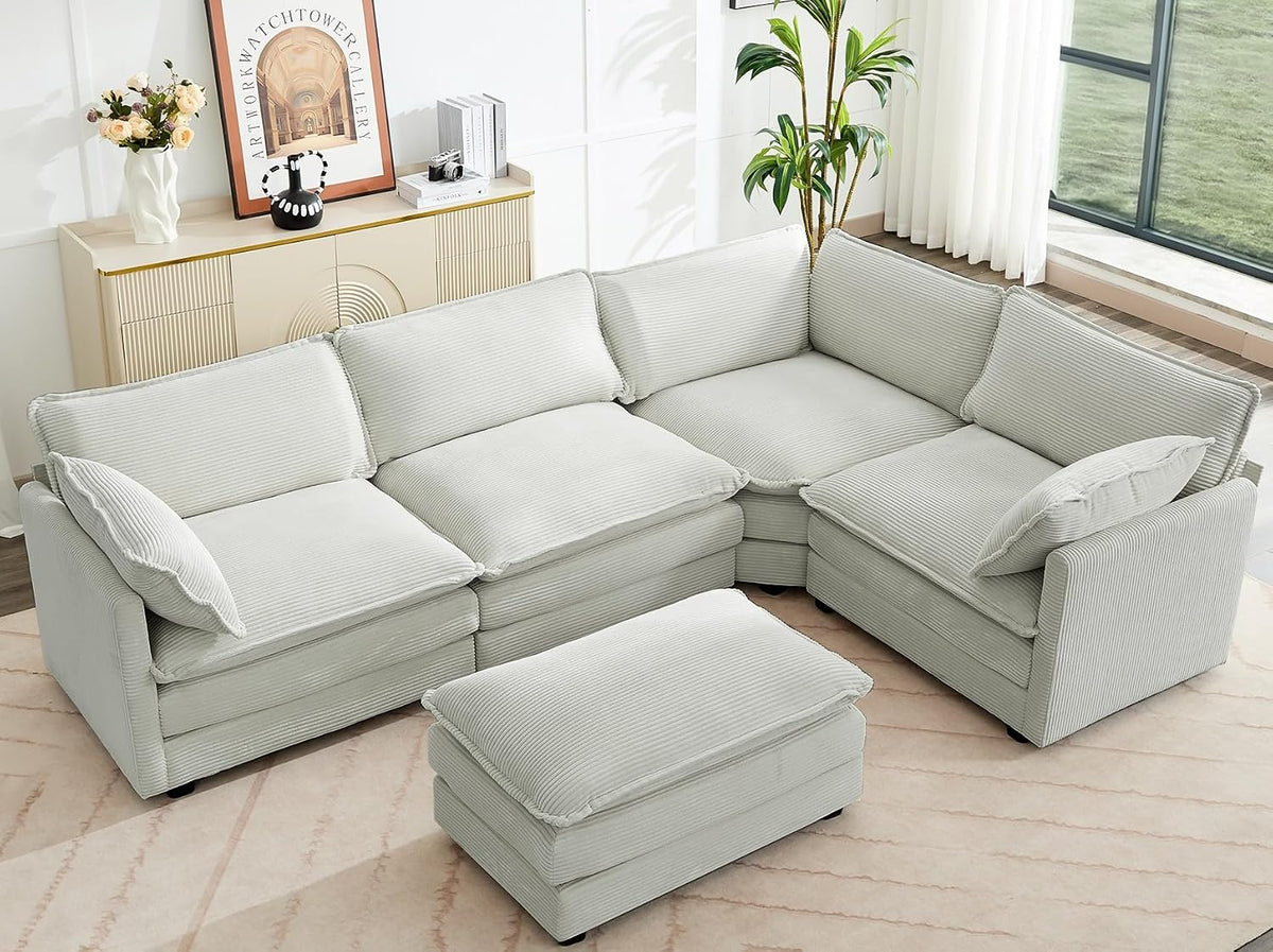 ROWHY 112'' Sectional Modular Cloud Couch, Oversized 5 Seat Couches U Shaped Sofa with 2 Movable Ottomans, 2 Throw Pillows, Upholstered Corduroy U Shape Comfy Deep Couches for Living Room, Beige