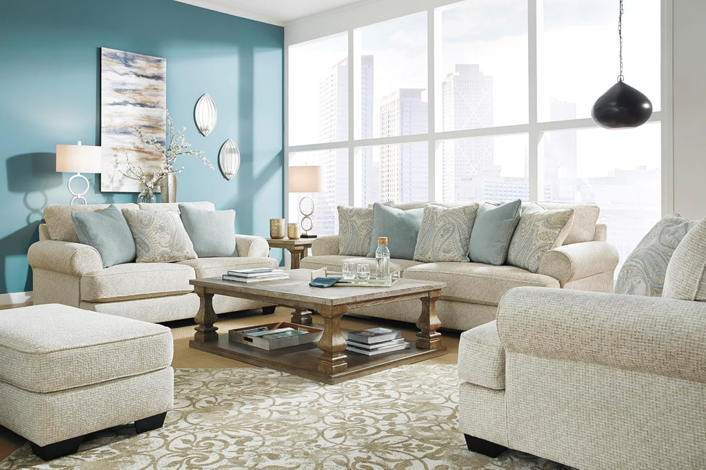 Signature Design by Ashley Rectangular Ottoman, Sandstone Beige | Firmly cushioned 100% polyester chenille fabric, Generous 44-inch scale for coffee table or lounge use, Monaghan Series