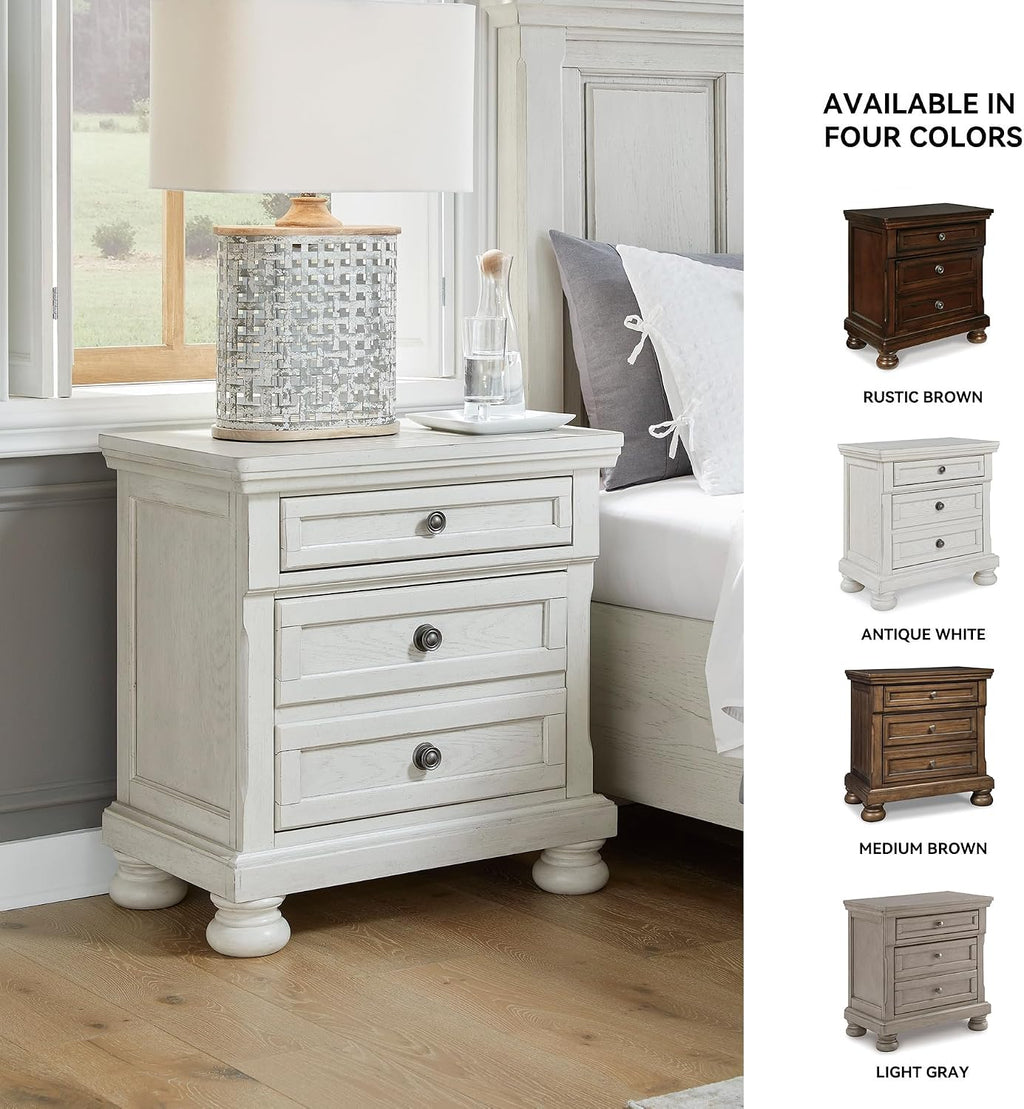 Signature Design by Ashley Tall Antique White Nightstand Wood Bedside Table | Two dovetail drawers, Hidden pull-out tray for valuables, Textured antiqued white oak finish, Robbinsdale Series