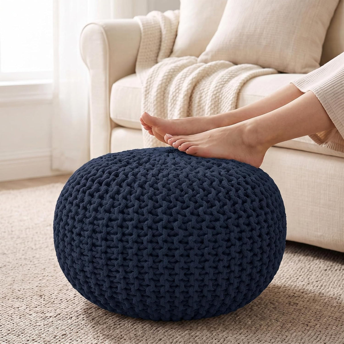 · REDEARTH · Round Pouf Ottoman - Hand Knitted Boho Poof Footrest - Ivory