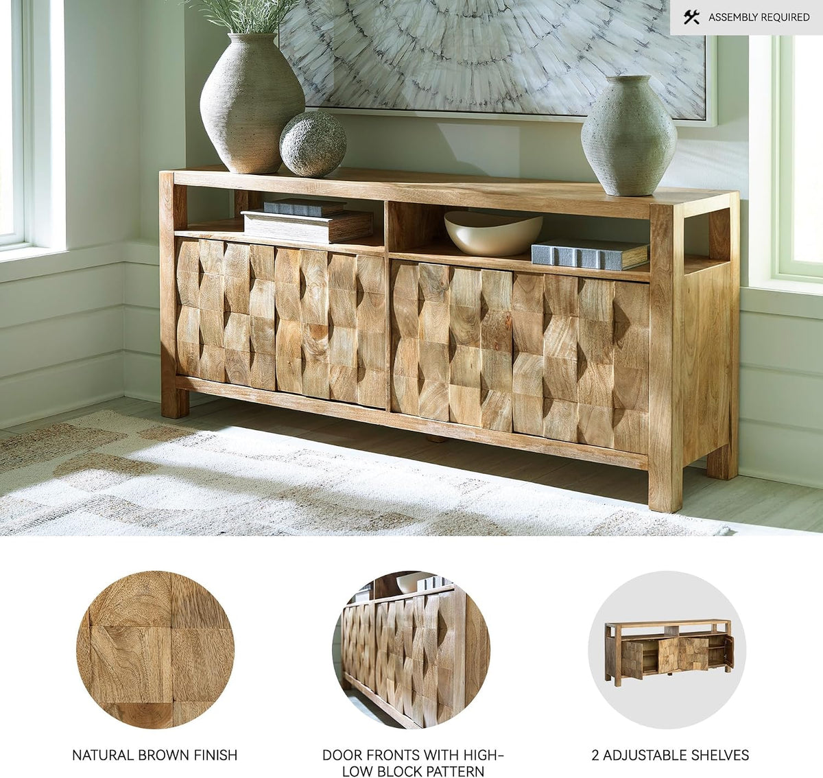 Signature Design by Ashley Hudwick Farmhouse 4-Door Accent Cabinet with 2 Adjustable Shelves, Light Brown