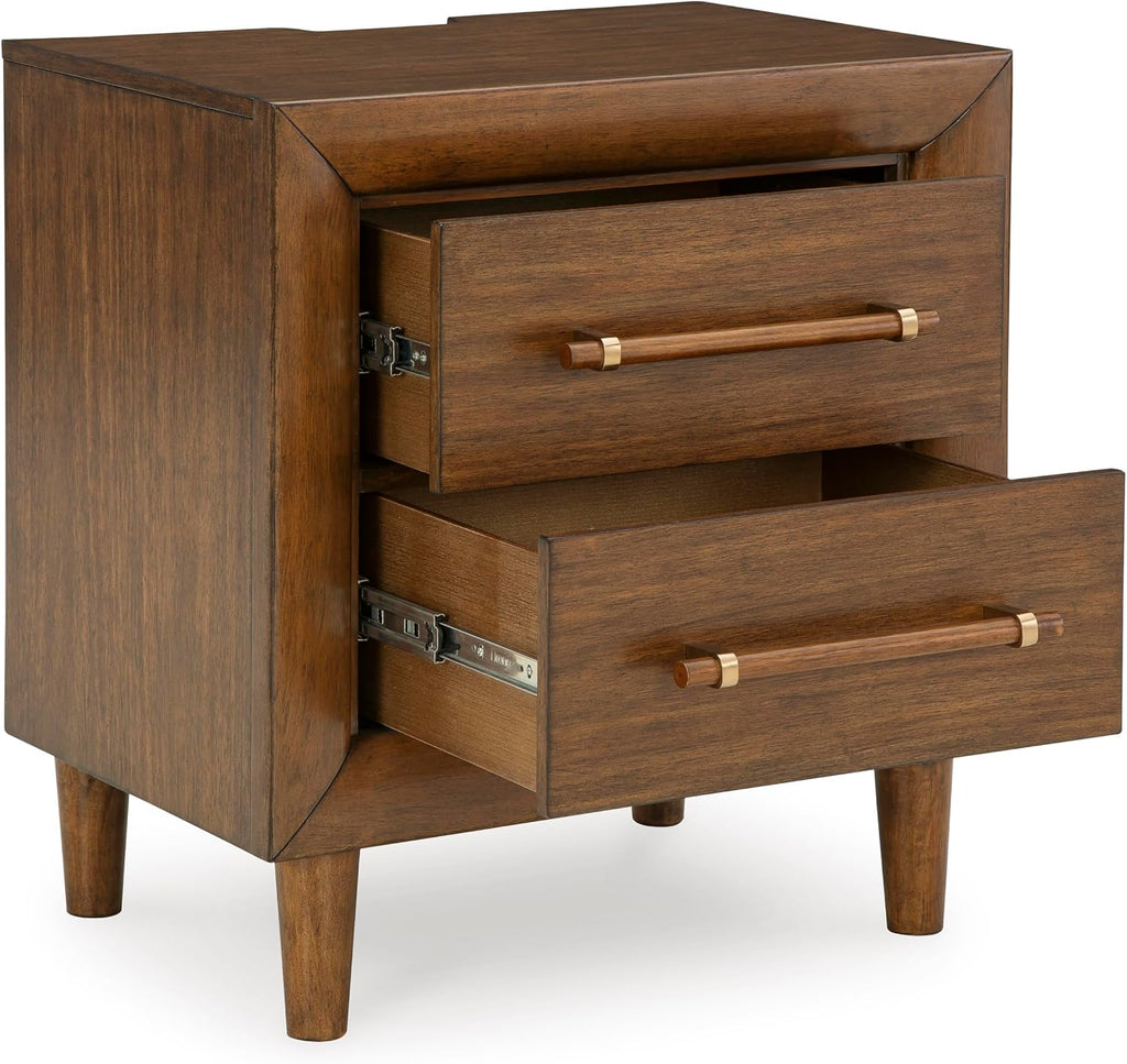 Signature Design by Ashley Lyncott Wood Nightstand with Charging Station | Mid-century mango wood veneer, 2 dovetail drawers, Built-in USB-A and USB-C charging, Round tapered legs
