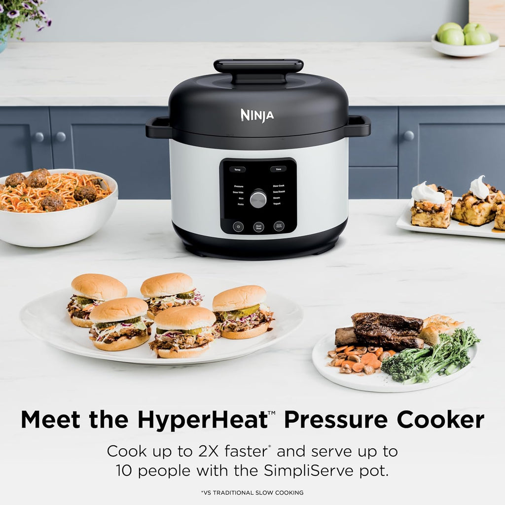 Ninja® HyperHeat™ 9-in-1 Pressure Cooker, 6.5-qt, White, PC201WH | Cooks 2X faster, Sear, Sauté, Slow Cook, Steam, Sous Vide & Yogurt, 1200W, PFAS-free, removable SimpliServe™ pot for serving
