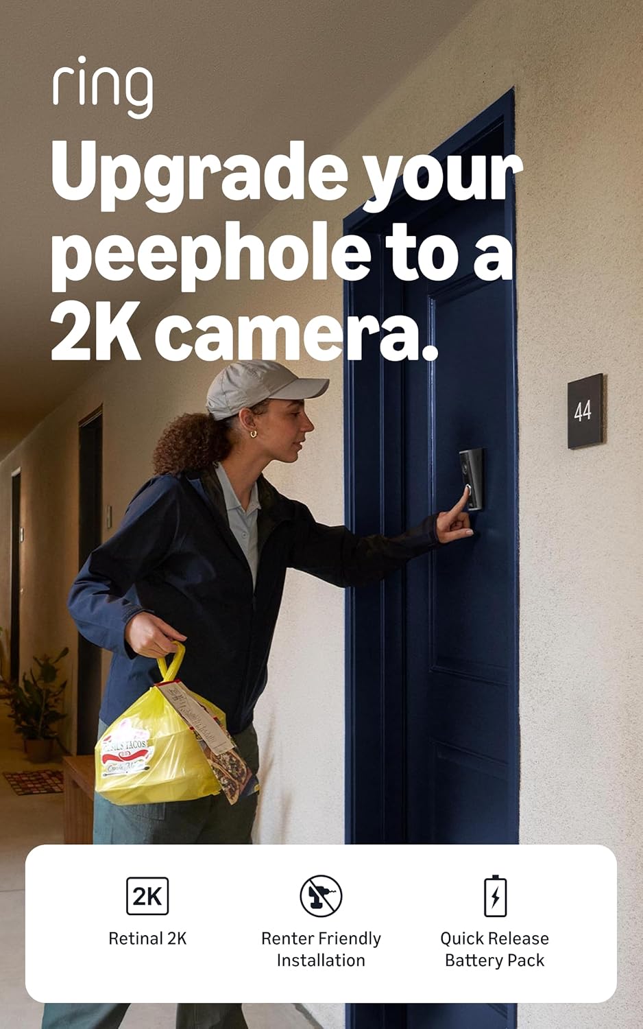 Ring Peephole Camera 2K (newest gen), 32.5-60 mm door thickness, DIY Wireless Doorbell Camera, Renter-friendly installation, Replaces existing peephole, Retinal 2K, 6x Zoom, Two-Way Talk