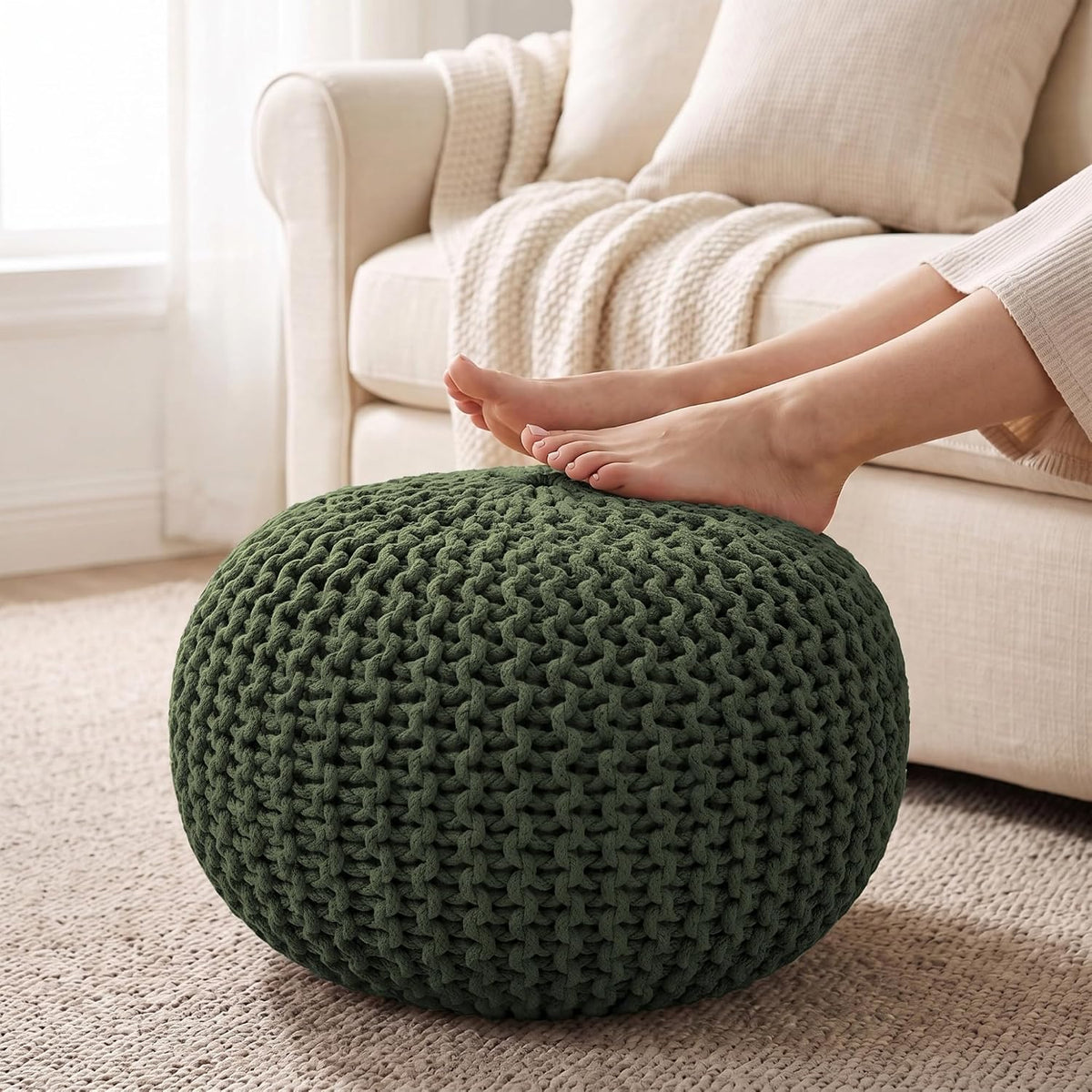 · REDEARTH · Round Pouf Ottoman - Hand Knitted Boho Poof Footrest - Ivory