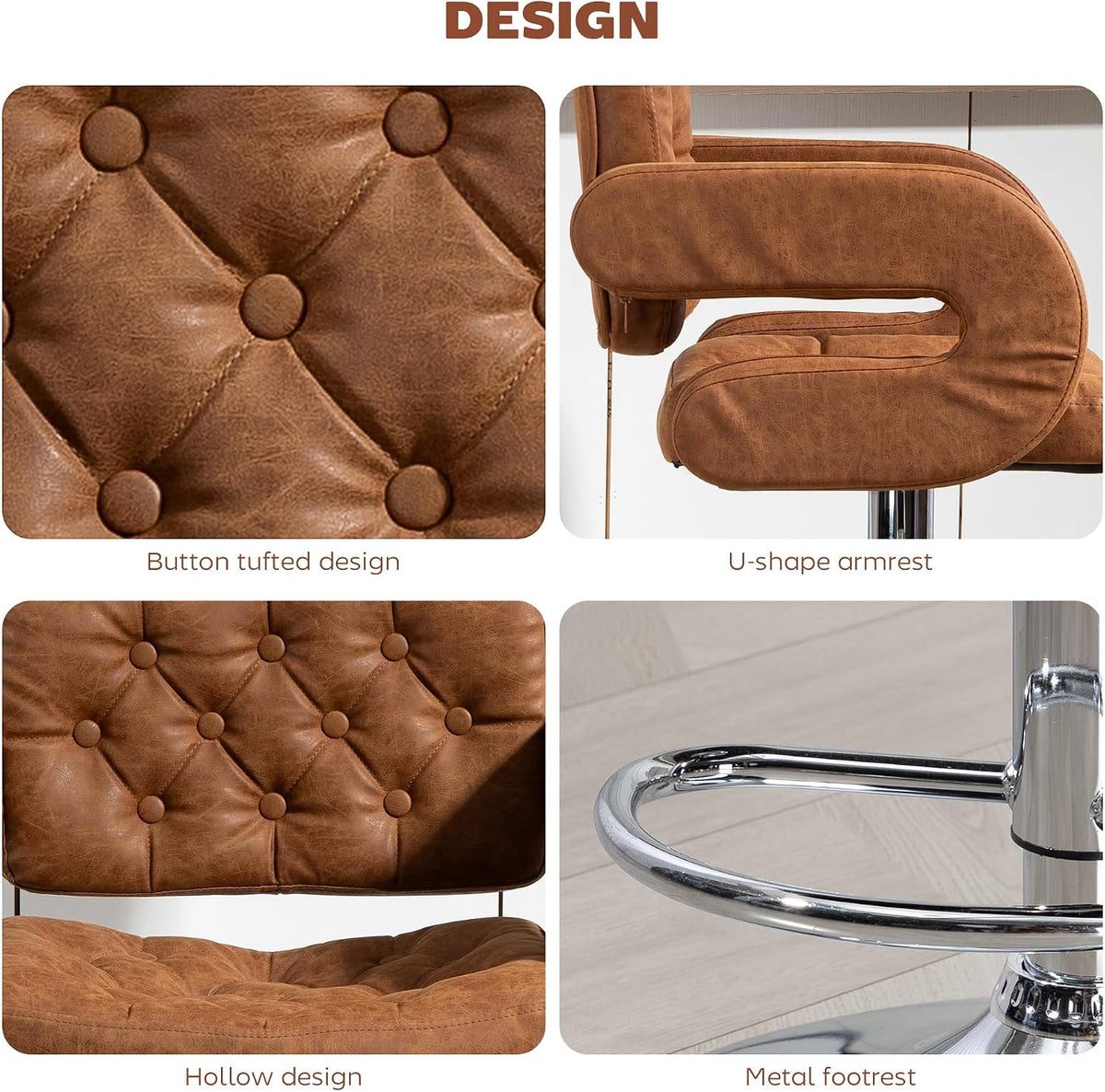 HOMCOM Bar Stool w/Wide Seat U-Shaped Armrest PU Leather, Brown