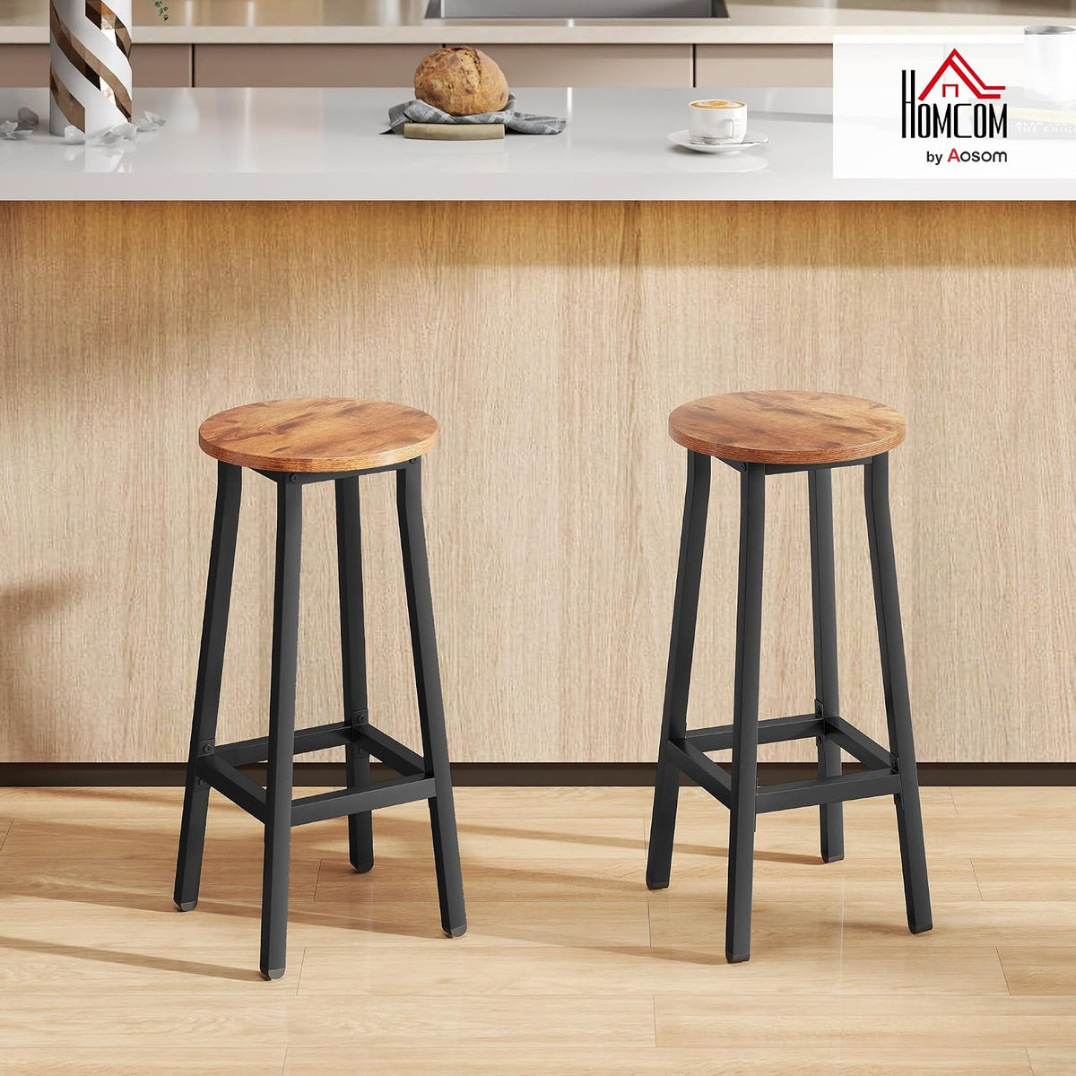 HOMCOM Bar Stools Tall Bar Chairs with Steel Frame Set of 2 Brown