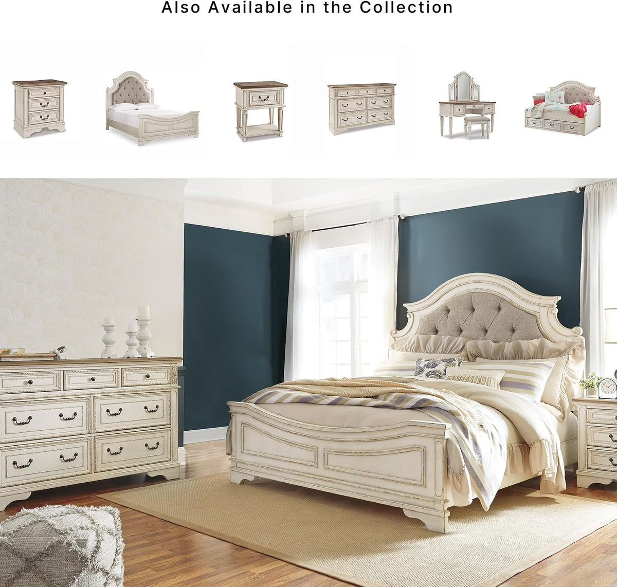 Signature Design by Ashley 7 Drawer Dresser for Bedroom, Two-Tone White | French country aesthetic with distressed wood top, Smooth-gliding dovetail joints and bronze-tone hardware, Realyn Series