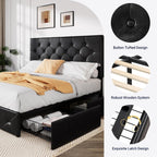Allewie Queen Size Storage Bed Frame with 4 Underbed Drawers, Upholstered Platform Bed with Adjustable Headboard, Diamond Button Tufted, Easy Assembly, Noise-Free, No Box Spring Needed, Black
