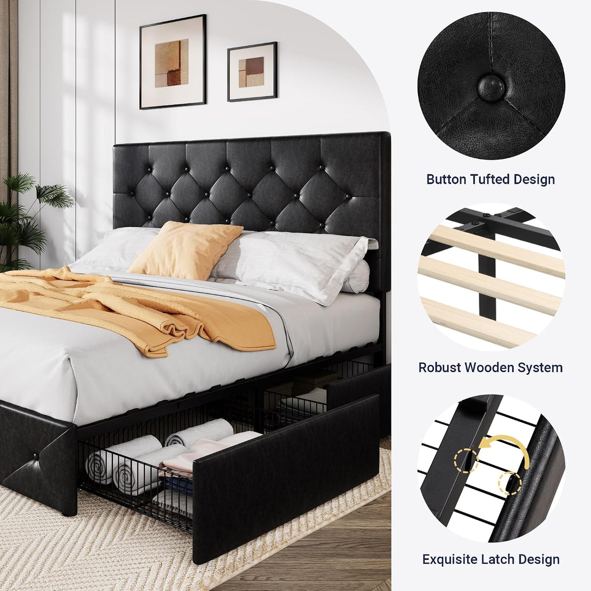 Allewie Queen Size Storage Bed Frame with 4 Underbed Drawers, Upholstered Platform Bed with Adjustable Headboard, Diamond Button Tufted, Easy Assembly, Noise-Free, No Box Spring Needed, Black