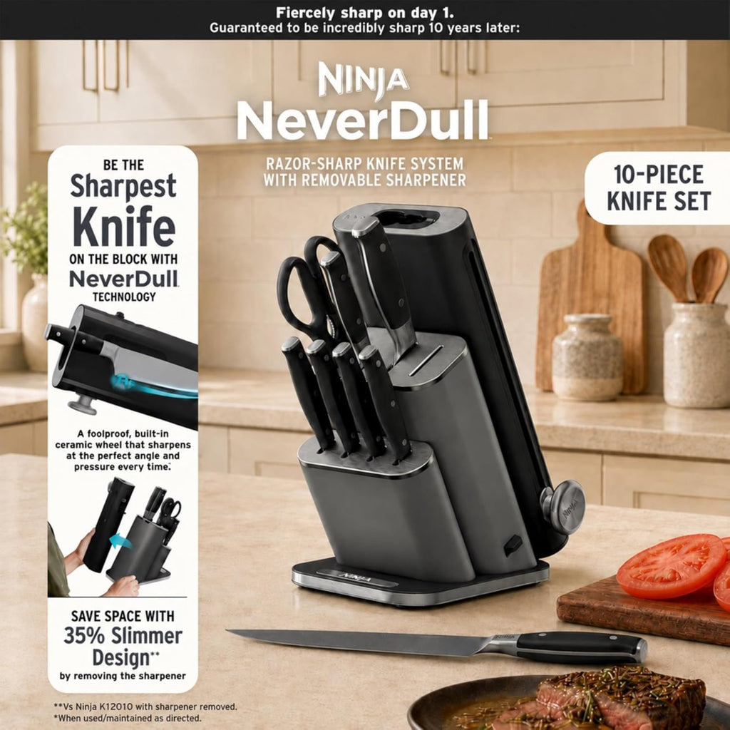 Ninja® NeverDull® 10-Pc German Steel Knife Set, Black, NK32010BK1 | Stays razor-sharp 10+ years. Premium German steel. Removable sharpener stores in a drawer saving up to 35% more counter space