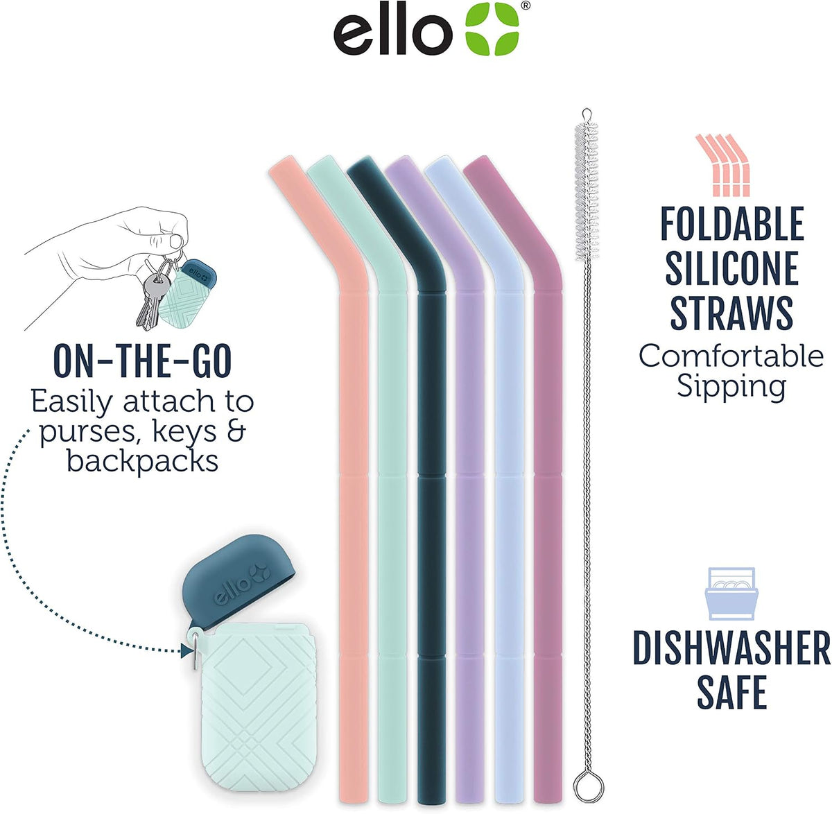 Ello Impact Pack of Reusable Silicone Straws with Fold & Store Carry Case, Portable Drinking Straw for Party Travel Cruise Ship, Includes Straw Cleaning Brush, Dishwasher Safe, BPA-Free