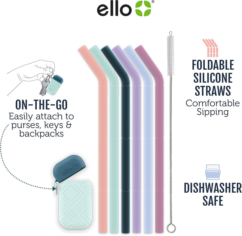 Ello Impact Pack of Reusable Silicone Straws with Fold & Store Carry Case, Portable Drinking Straw for Party Travel Cruise Ship, Includes Straw Cleaning Brush, Dishwasher Safe, BPA-Free