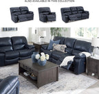 Signature Design by Ashley Leesworth Power Reclining Loveseat, Ocean Blue | Space-saving zero wall design, Top grain leather touchpoints, Built-in zero-draw USB ports, 32 in minimum doorway width