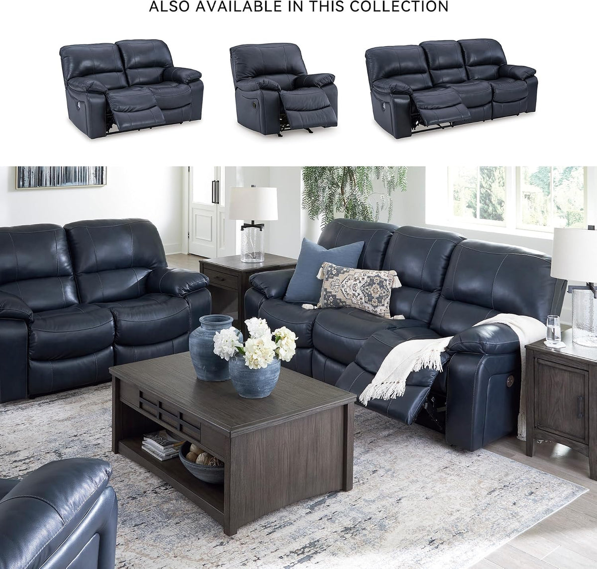 Signature Design by Ashley Leesworth Power Reclining Loveseat, Ocean Blue | Space-saving zero wall design, Top grain leather touchpoints, Built-in zero-draw USB ports, 32 in minimum doorway width