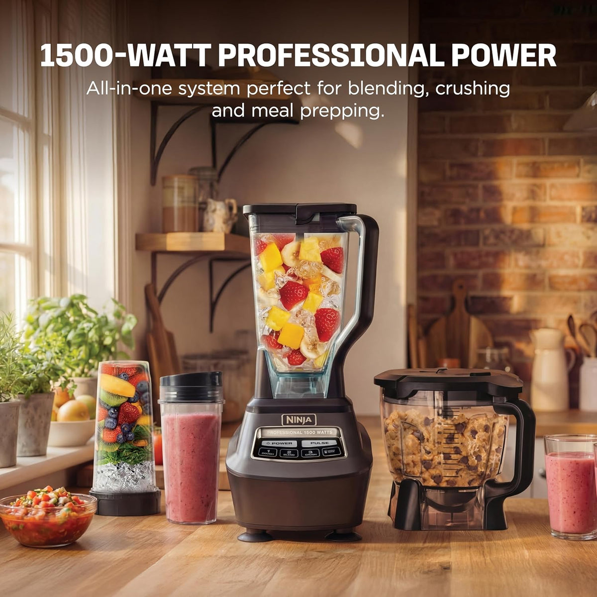 Ninja Mega Kitchen System, 1500W, 72oz Pitcher, 8-Cup, Black, BL770 | 1500W all-in-one blends smoothies, processes salsa & dough. 72-oz pitcher, 8-cup processor bowl, (2) 16-oz cups.