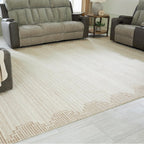 Signature Design by Ashley Wool Area Rug, Extra Large 10x14, Brown/Beige | 100% natural wool tufted construction, Modern stepped border in brown and beige, Oversized footprint, Emorymore Series