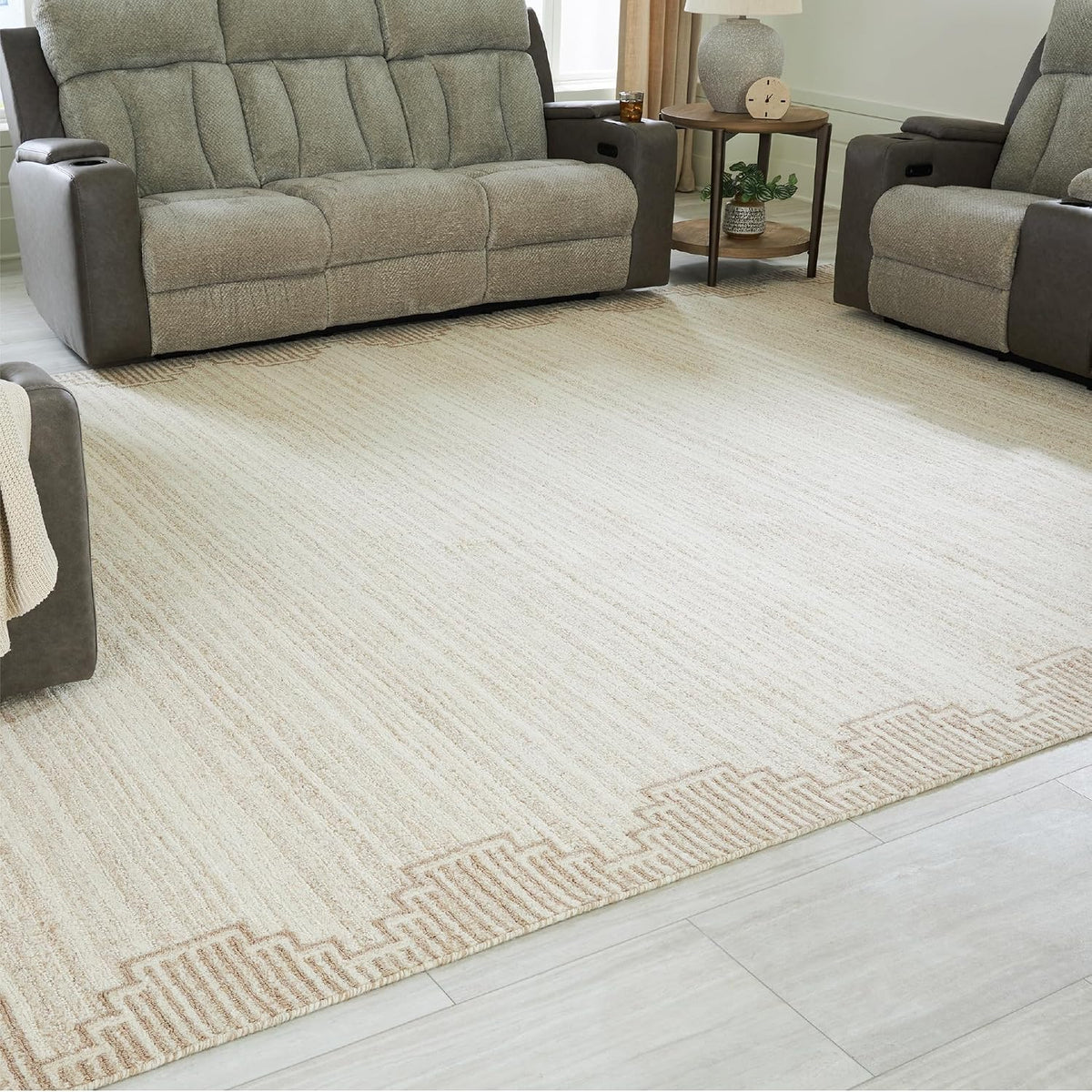 Signature Design by Ashley Wool Area Rug, Extra Large 10x14, Brown/Beige | 100% natural wool tufted construction, Modern stepped border in brown and beige, Oversized footprint, Emorymore Series