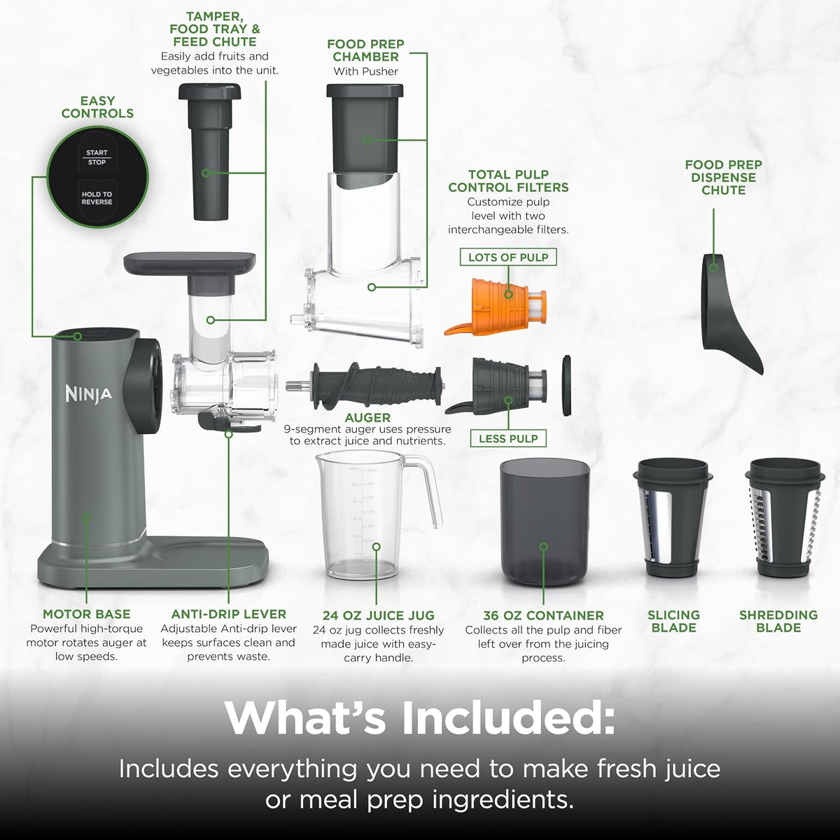Ninja NeverClog 3-in-1 Juicer, Slicer & Shredder, 32oz Vessel, JC152 | NeverClog auger juices non-stop, plus slicing & shredding attachments. Total Pulp Control, 32-oz vessel, dishwasher safe