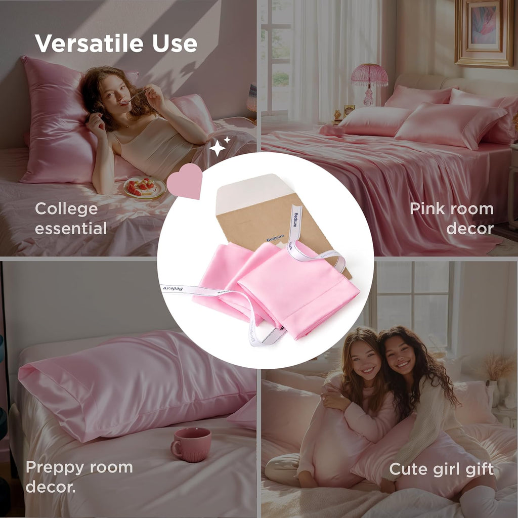 Bedsure Satin Pillowcases Queen Set of 2, Similar to Silk Pillow Cases Pink