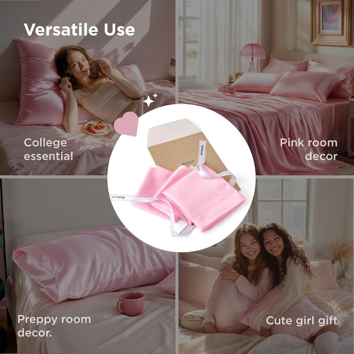 Bedsure Satin Pillowcases Queen Set of 2, Similar to Silk Pillow Cases Pink