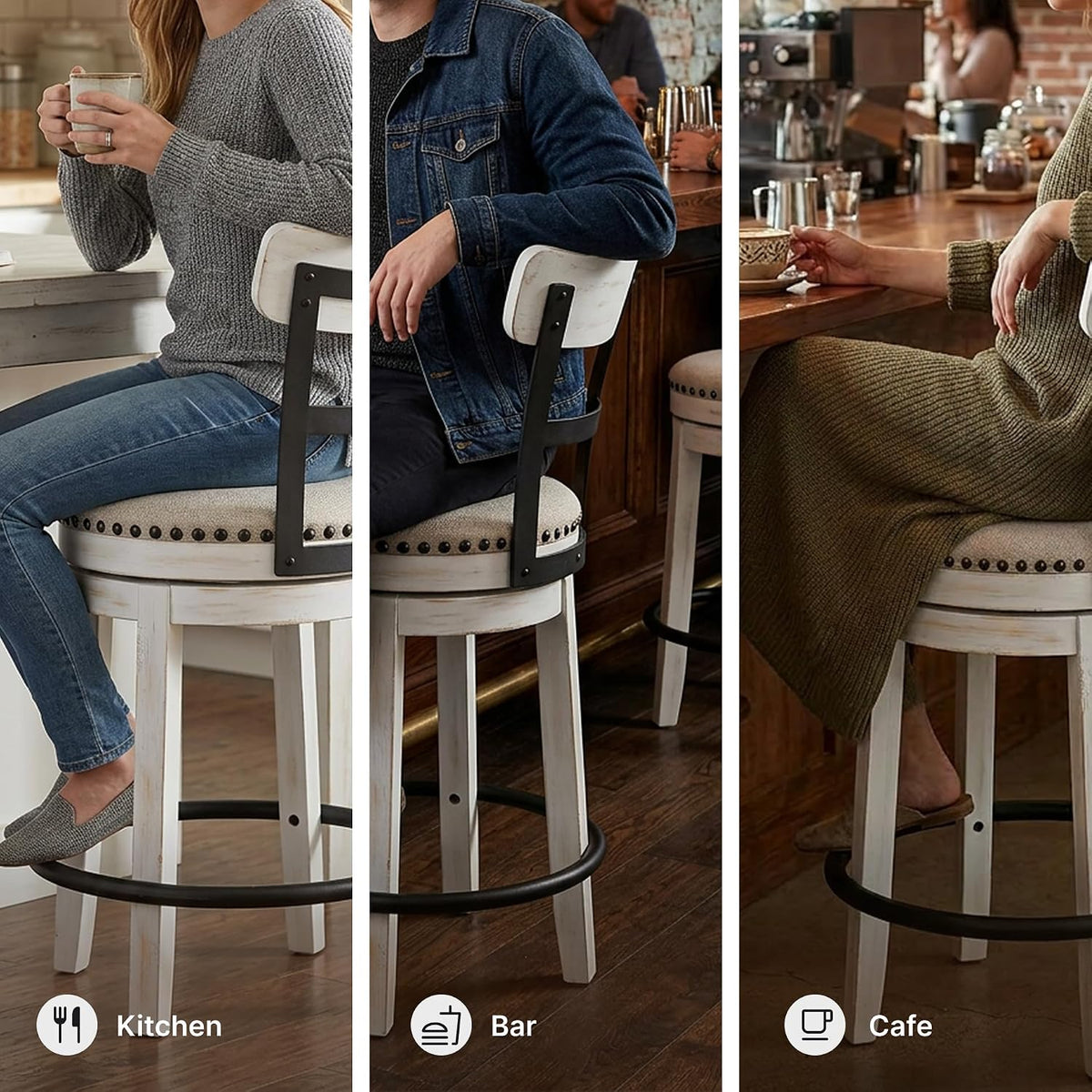 Signature Design by Ashley Valebeck Swivel Counter Height Bar Stool, White | Sturdy 24.5-inch seat with nailhead trim, Farmhouse rustic style featuring linen colored polyester, Smooth 360° rotation