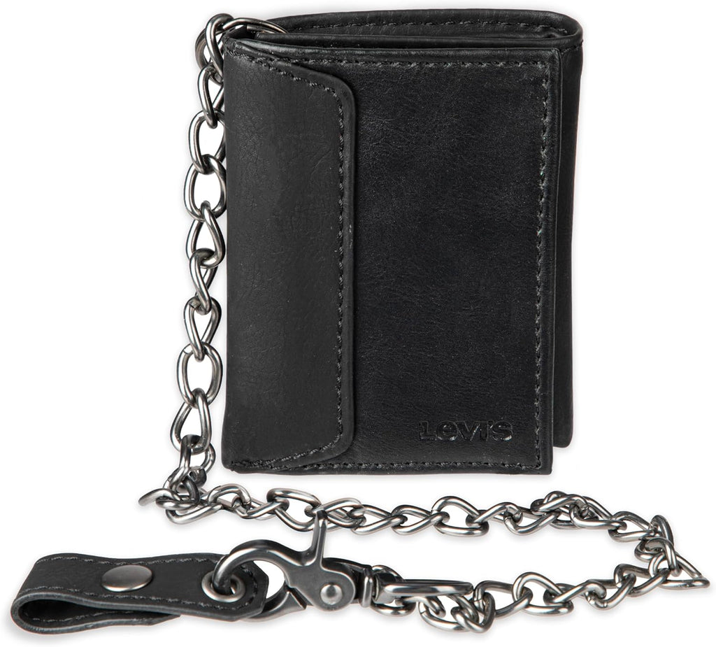 Levi's Men's Trifold Wallet - Sleek and Slim Includes ID Window and Credit Card Holder,Black with Chain