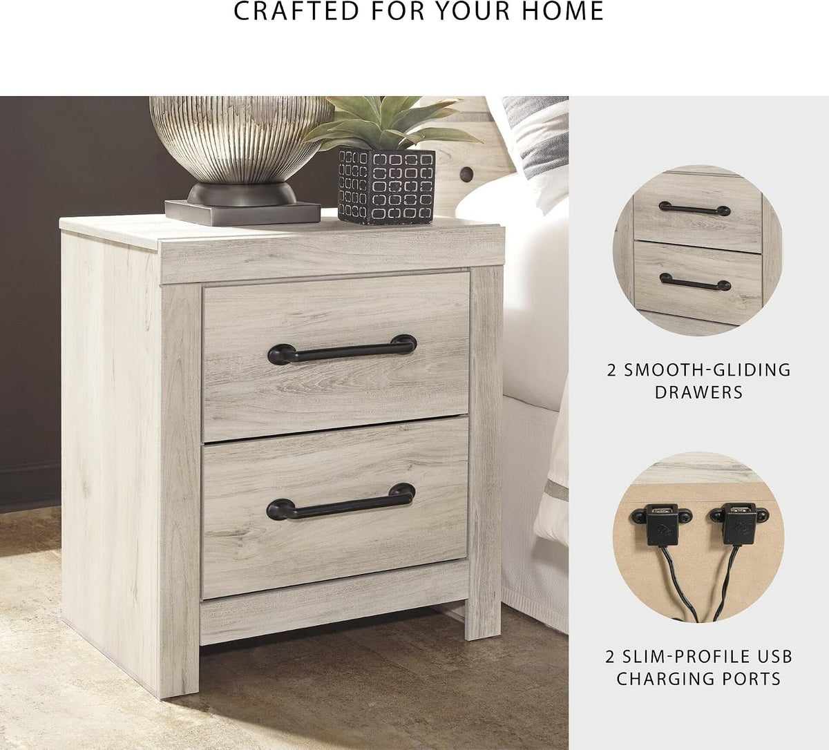 Signature Design by Ashley 2 Drawer White Nightstand with Charging Station | Engineered wood bedside table with dark elongated hardware, Faux linen drawer linings, 22"W x 16"D x 25"H, Cambeck Series