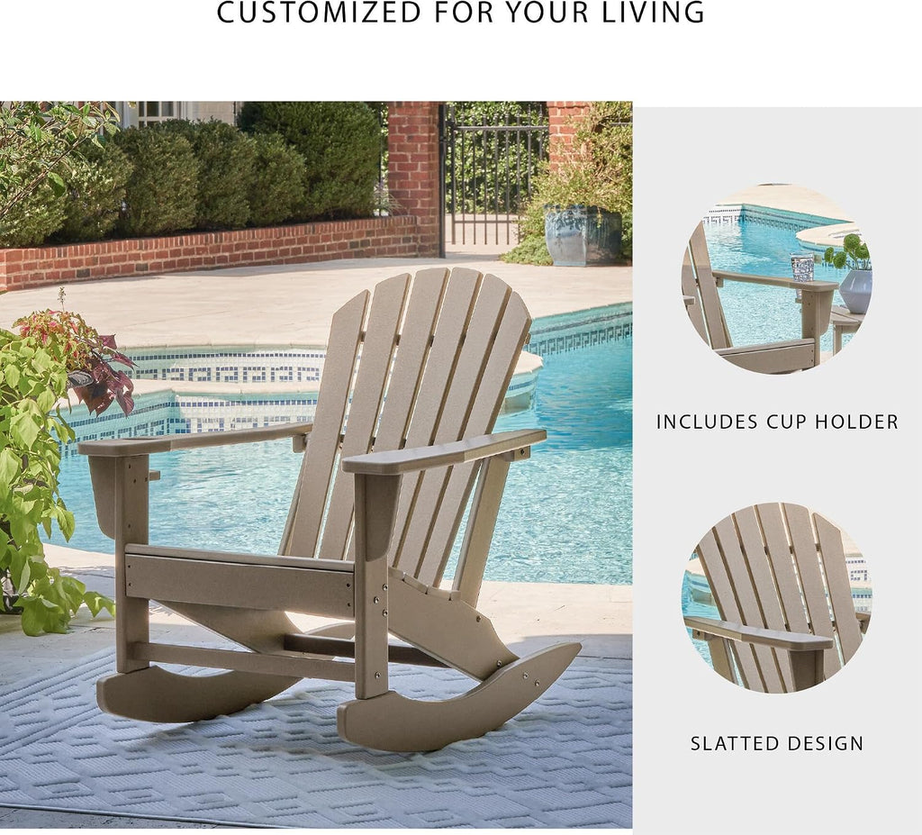 Signature Design by Ashley Sundown Treasure HDPE Outdoor Rocking Chair | All-weather HDPE resin Adirondack chair with built-in cup holder, Classic slat-back design for porches and patios