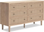 Signature Design by Ashley 6 Drawer Bedroom Dresser, Light Oak, Cielden | Textured beige faux cane fronts, Bronze knobs, Quick assembly, Contemporary coastal bedroom decor