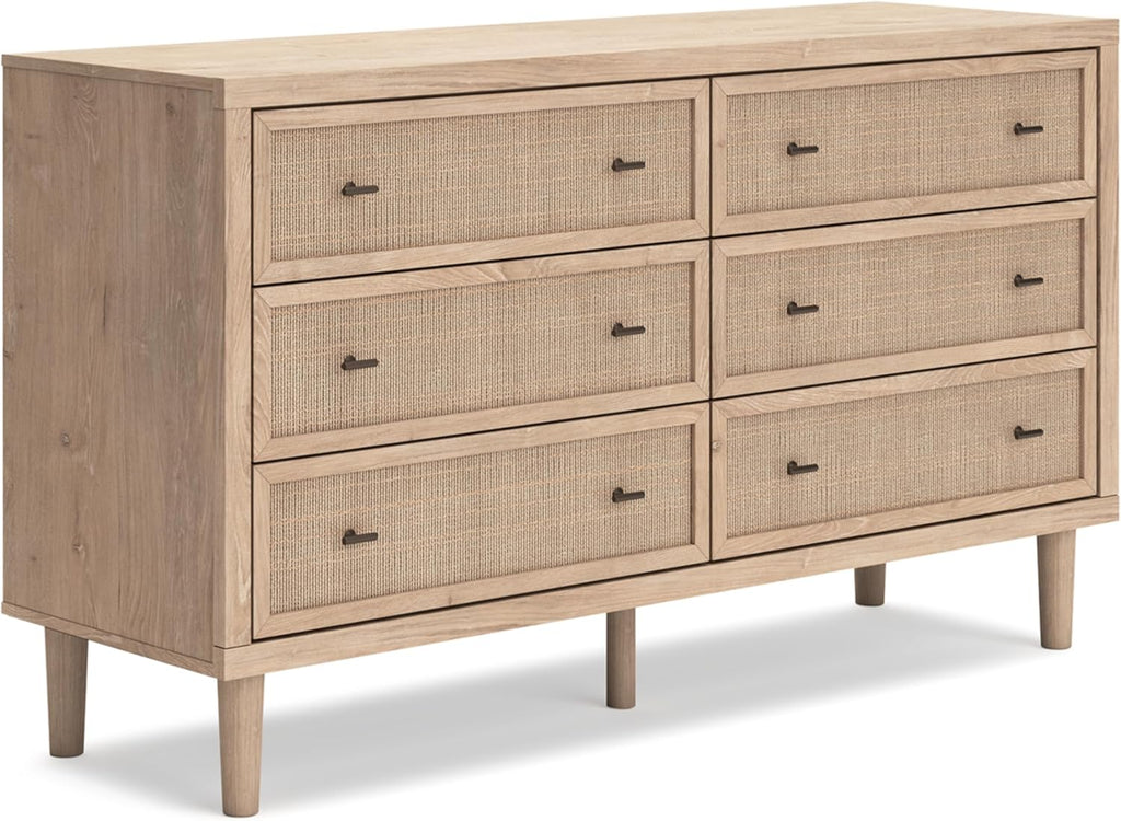 Signature Design by Ashley 6 Drawer Bedroom Dresser, Light Oak, Cielden | Textured beige faux cane fronts, Bronze knobs, Quick assembly, Contemporary coastal bedroom decor