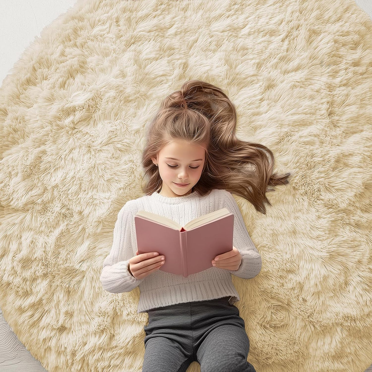 OLANLY Beige Round Rugs for Bedroom - Machine Washable, 4 ft Circle Area Rugs for Living Room, Soft and Fluffy Shaggy Carpet for Teen Girls and Boys, Nursery Rooms, Dorms, Home Decor Aesthetic