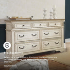 Signature Design by Ashley 7 Drawer Dresser for Bedroom, Two-Tone White | French country aesthetic with distressed wood top, Smooth-gliding dovetail joints and bronze-tone hardware, Realyn Series