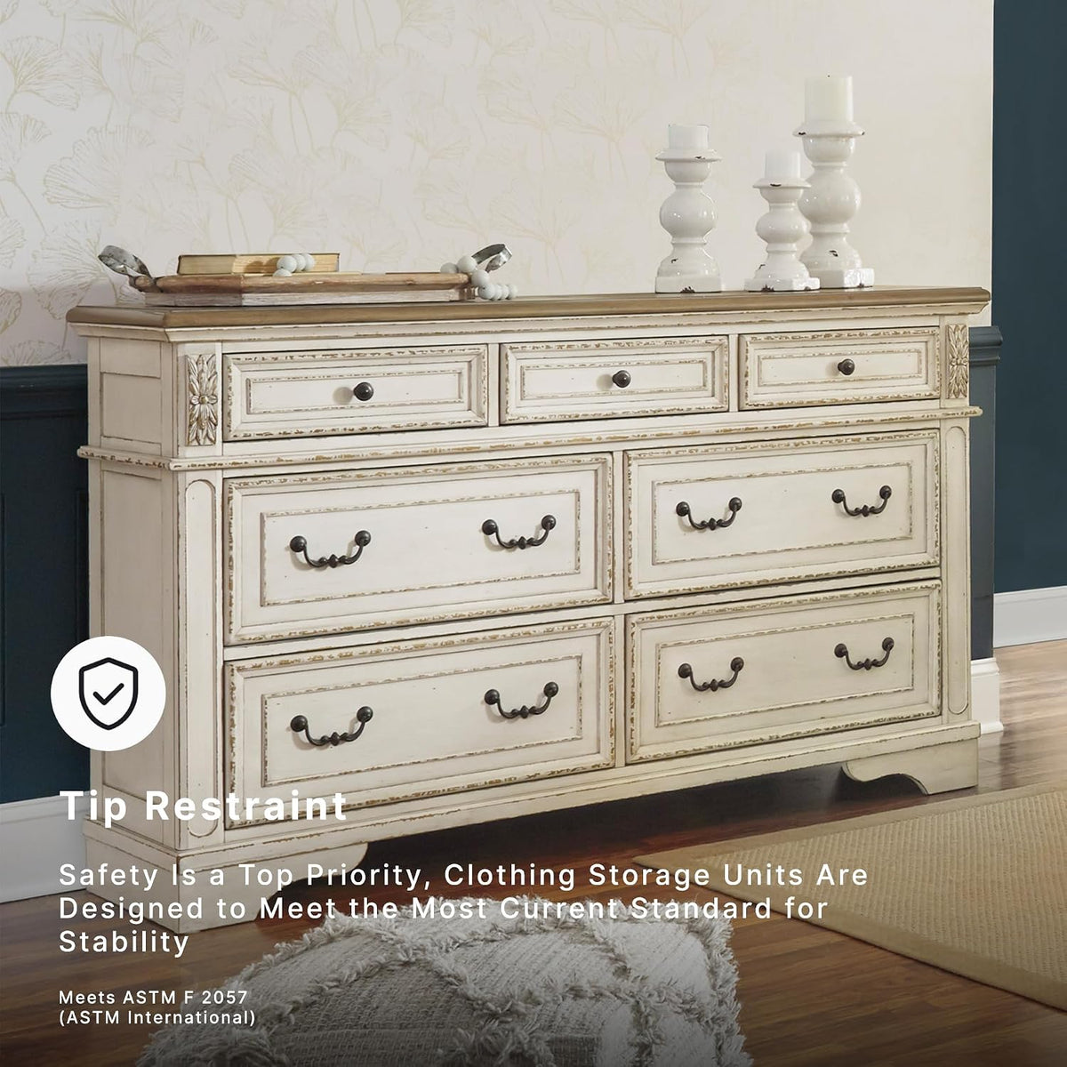 Signature Design by Ashley 7 Drawer Dresser for Bedroom, Two-Tone White | French country aesthetic with distressed wood top, Smooth-gliding dovetail joints and bronze-tone hardware, Realyn Series