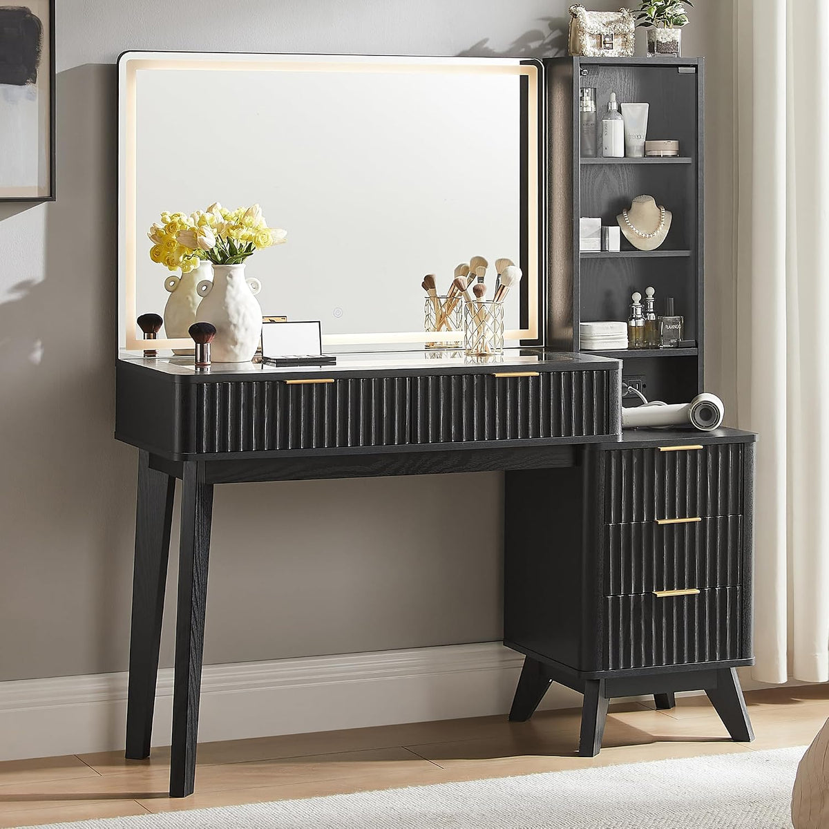 T4TREAM 48" Fluted Makeup Vanity Desk with 36" Lighted Mirror, Oak
