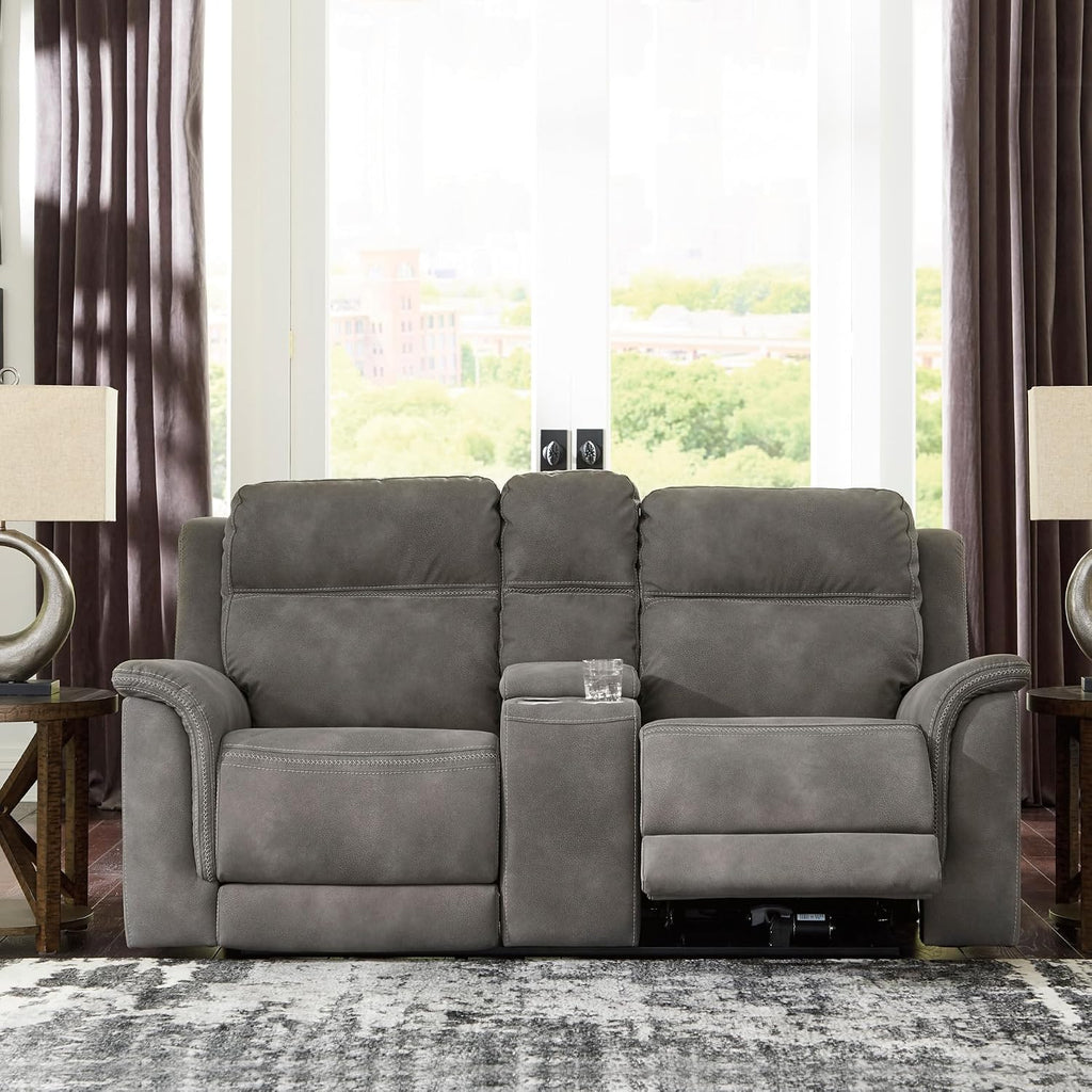 Signature Design by Ashley Power Reclining Loveseat Sofa with Console | Faux leather look, 15-minute assembly, Water-resistant DuraPella fabric, Zero-gravity reclining, Adjustable headrest