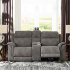 Signature Design by Ashley Power Reclining Loveseat Sofa with Console | Faux leather look, 15-minute assembly, Water-resistant DuraPella fabric, Zero-gravity reclining, Adjustable headrest