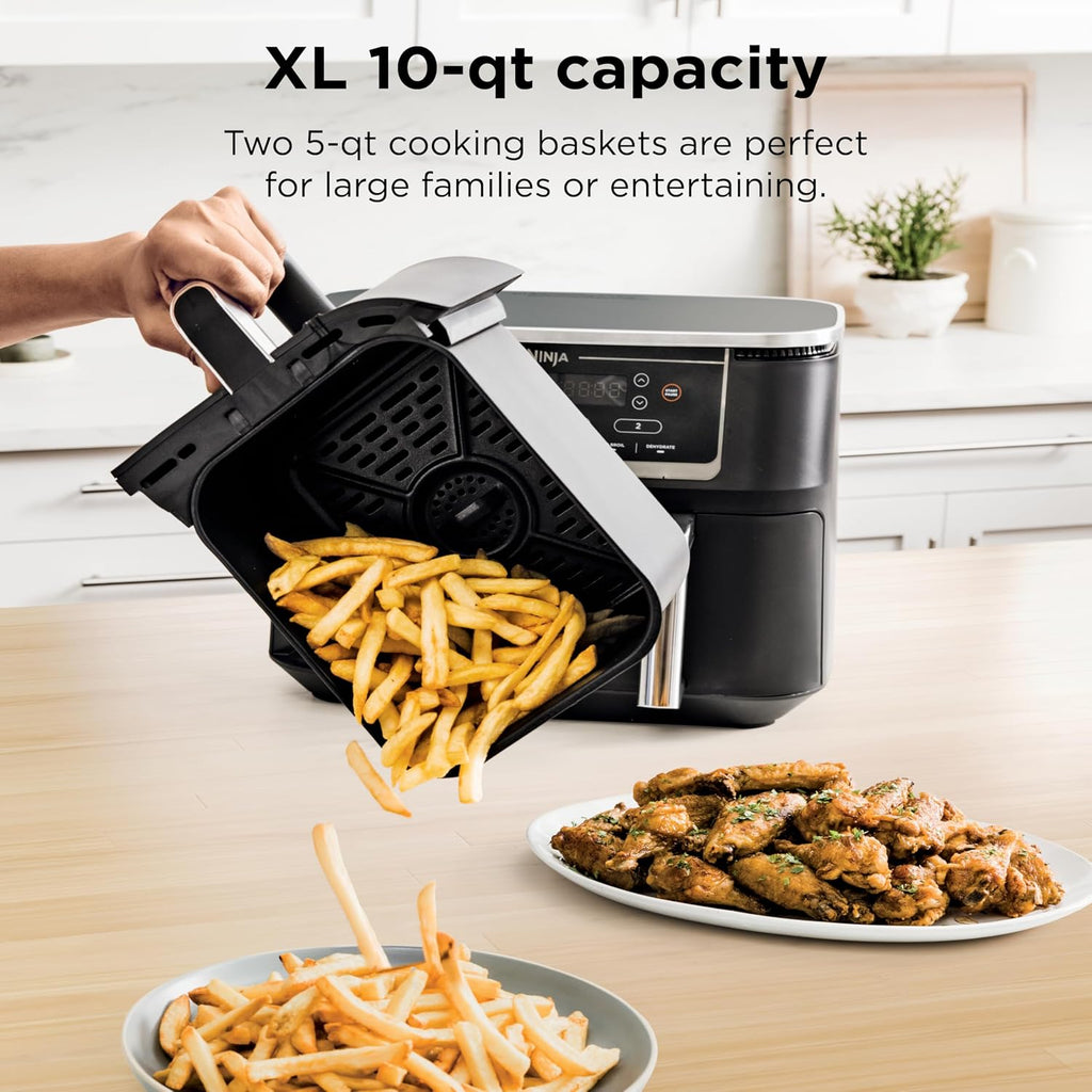 Ninja Foodi Air Fryer, 10 Qt DualZone, 6-in-1, Black, DZ302 | Air fry, broil, roast, keep warm, dehydrate, bake, 2x5 Qt baskets, Fits 8 lbs wings