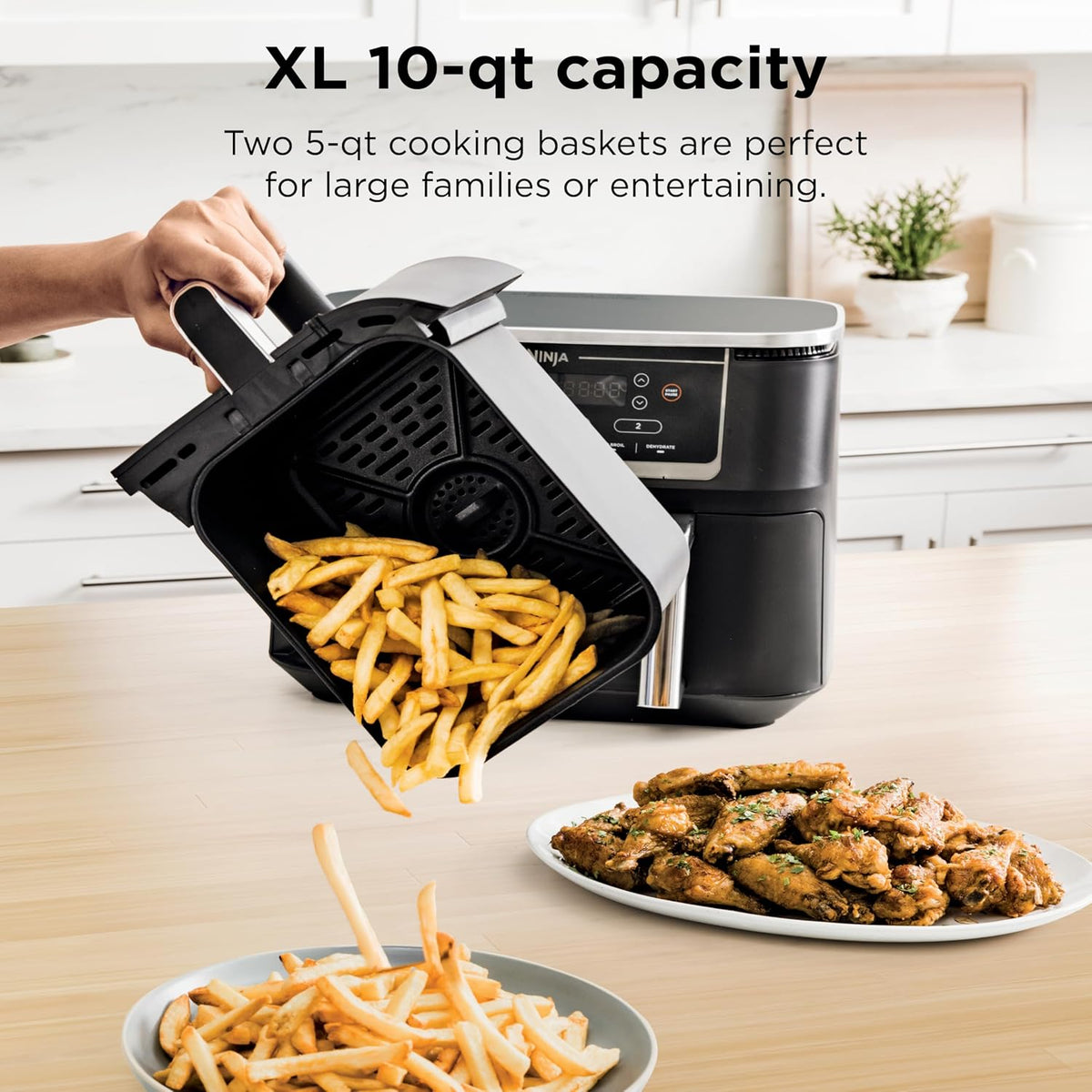 Ninja Foodi Air Fryer, 10 Qt DualZone, 6-in-1, Black, DZ302 | Air fry, broil, roast, keep warm, dehydrate, bake, 2x5 Qt baskets, Fits 8 lbs wings