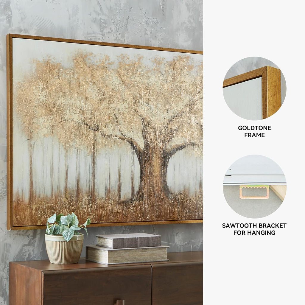 Signature Design by Ashley Dalewick Framed Canvas 60 x 36 Wall Art | Hand-painted framed canvas, Metallic gold foil, Warm autumnal tree canopy design, Living room and home office use